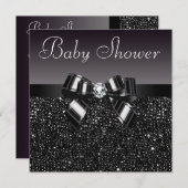 Black Sequins, Bow & Diamond Baby Dusche Einladung (Vorne/Hinten)