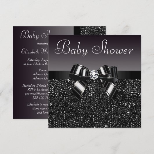 Black Sequins, Bow & Diamond Baby Dusche Einladung (Vorne/Hinten)