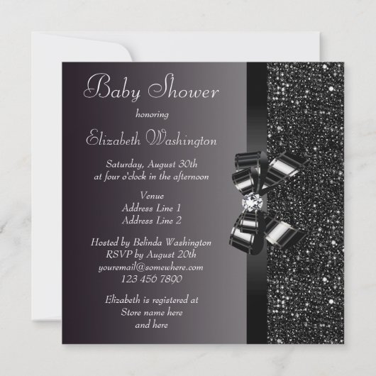 Black Sequins, Bow & Diamond Baby Dusche Einladung (Rückseite)