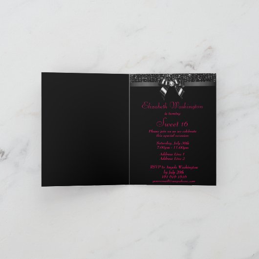 Black Sequins, Bow & Diamond Sweet 16 Einladung (Innenseite)