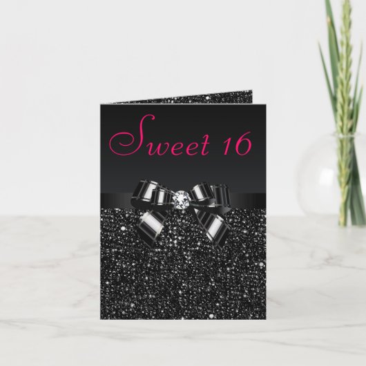 Black Sequins, Bow & Diamond Sweet 16 Einladung (Vorderseite)