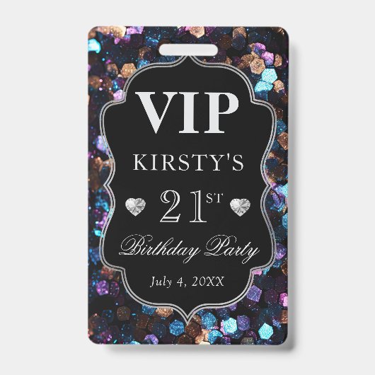 Black Sequins Glitzer Vintag Frame Birthday VIP Ausweis (Vorderseite)