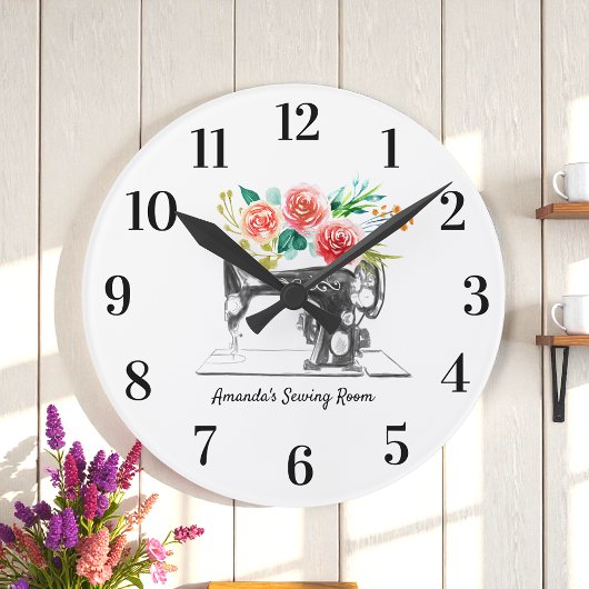 Black Sewing Machine White Floral Runde Wanduhr