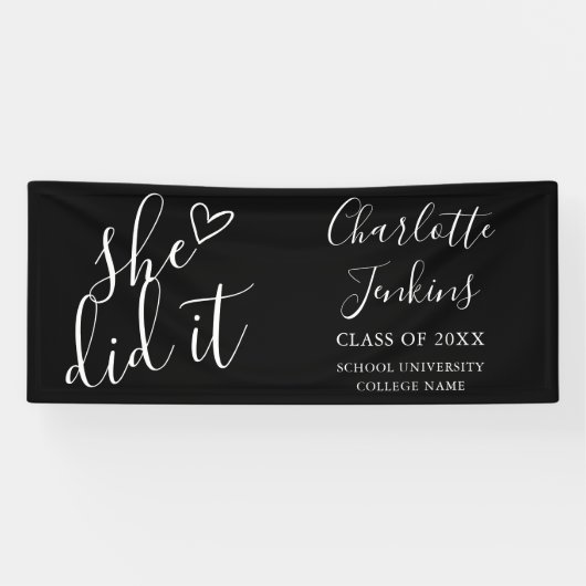 Black She has It Script Heart Graduation Party Banner (Horizontal)