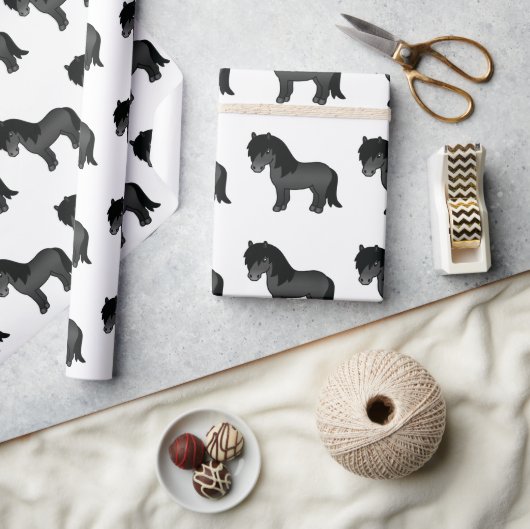 Black Shetland Pony Niedlich Cartoon Pony Pattern Geschenkpapier (Kunsthandwerk)