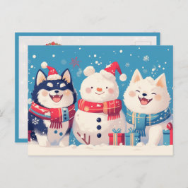 Black Shiba Inu and Samoyed dog with Snowman Postkarte