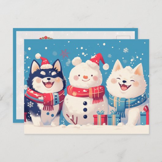 Black Shiba Inu and Samoyed dog with Snowman Postkarte (Vorne/Hinten)
