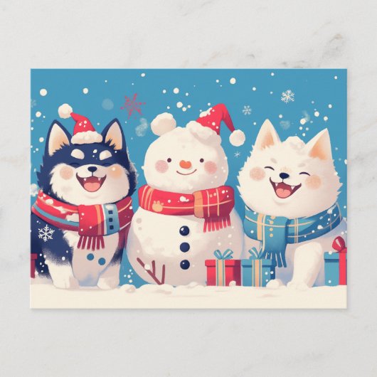 Black Shiba Inu and Samoyed dog with Snowman Postkarte (Vorderseite)