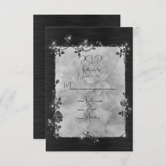 Black Shiny Elegant Sparkly Frame RSVP Karte (Vorne/Hinten)