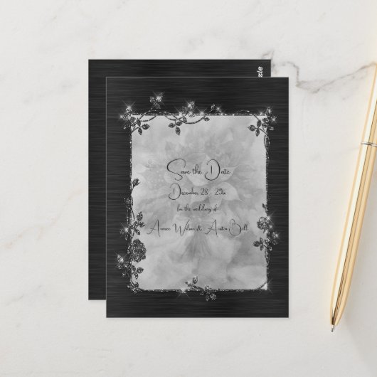 Black Shiny Elegant Sparkly Frame Save the Date Postkarte (Vorderseite/Rückseite Beispiel)