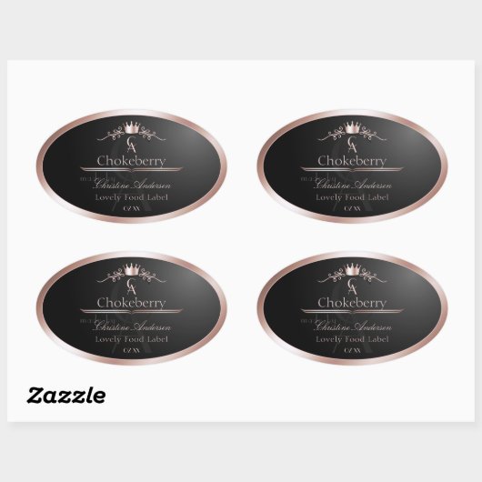 Black Shiny Product Label Rose Gold Frame Monogram Ovaler Aufkleber (Blatt)