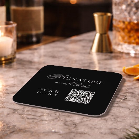 Black Signature Cocktail QR Code Wedding Coaster Rechteckiger Pappuntersetzer