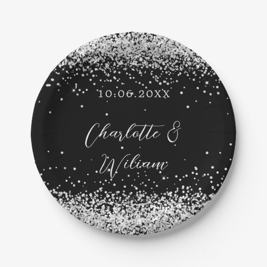 Black-Silber-Konfetti-Hochzeit Pappteller (Vorderseite)