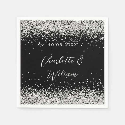Black-Silber-Konfetti-Hochzeit Serviette (Vorderseite)
