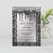 Black Silber Spitzen Glitzer dunkelmoody luxuriös Einladung (Stehend Vorderseite)