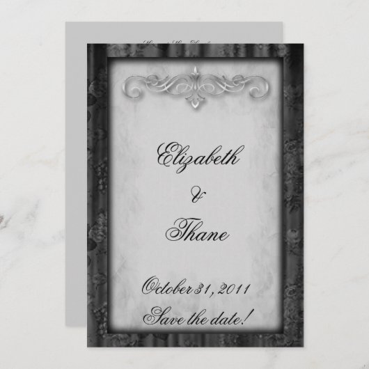Black Silk and Parchment Goth Wedding Save The Date (Vorne/Hinten)