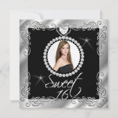 Black Silver 16 . Geburtstag Sweet 16 Foto Einladung (Vorderseite)