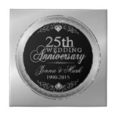 Black & Silver 25. Hochzeitstag Fliese (Vorderseite)