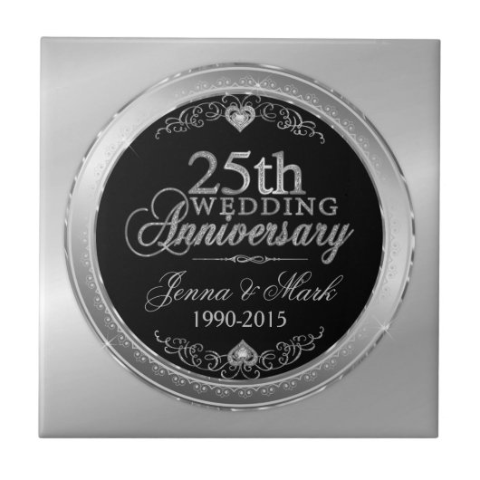 Black & Silver 25. Hochzeitstag Fliese (Vorderseite)