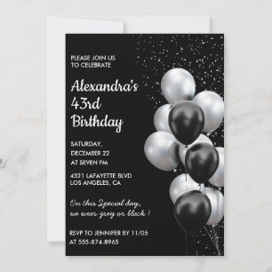 Black Silver 43. Geburtstag Einladungen Balloons