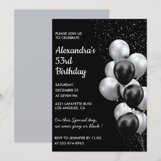 Black Silver 53. Geburtstag Einladungen Balloons (Vorne/Hinten)