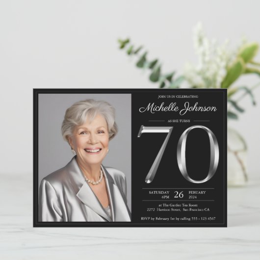 Black Silver 70. Geburtstag Einladung (Stehend Vorderseite)