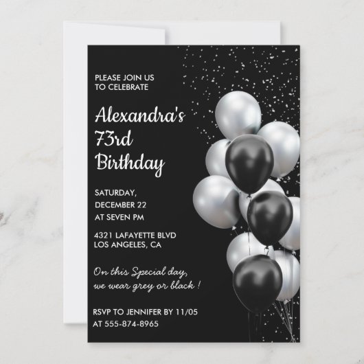 Black Silver 73. Geburtstag Einladungen Balloons (Vorderseite)
