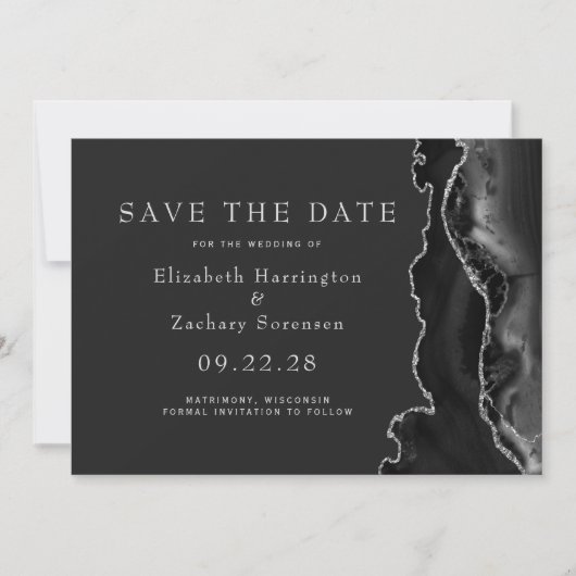 Black Silver Agate Dark Save the Date Einladung (Vorderseite)