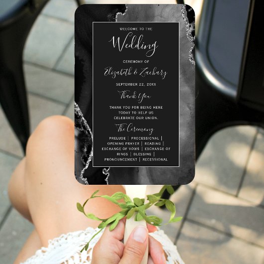 Black Silver Agate Dark Wedding Program Fächer