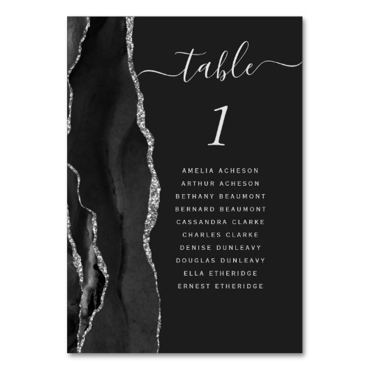 Black Silver Agate Dark Wedding Tischnummer (Vorderseite)