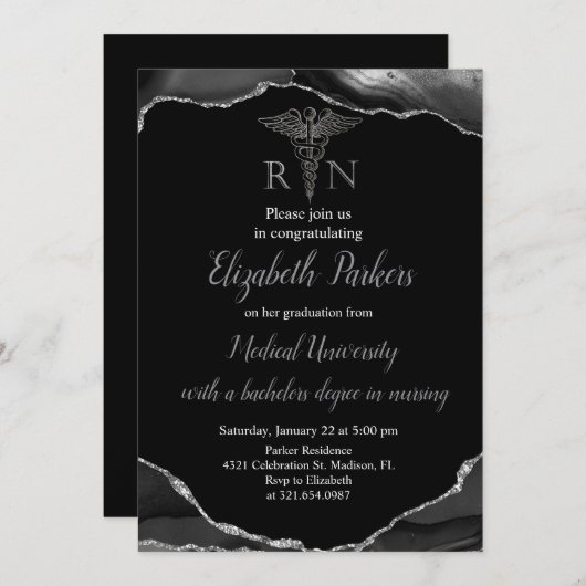 Black & Silver Agate Nursing Graduation Party Einladung (Vorne/Hinten)