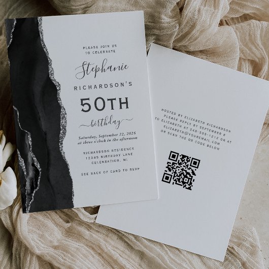 Black Silver Agate QR Code 50. Geburtstag Einladung