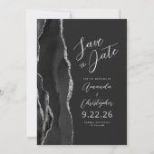 Black Silver Agate Script Save the Date Ankündigung (Vorderseite)