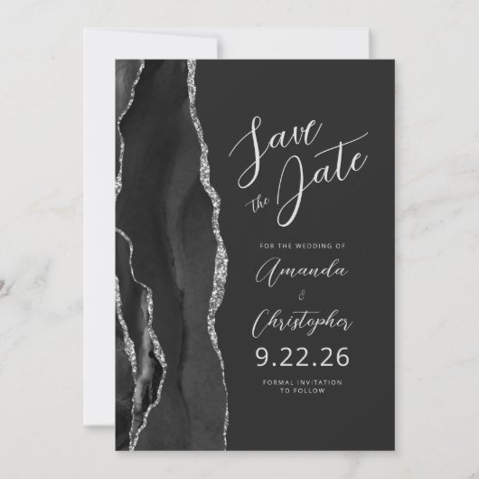 Black Silver Agate Script Save the Date Ankündigung (Vorderseite)