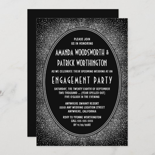 Black Silver Art Deco Engagement Party Einladungen (Vorne/Hinten)