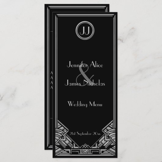 Black Silver Art Deco Gatsby Style Wedding Menü Menükarte (Vorne/Hinten)