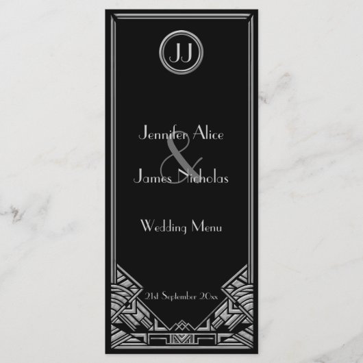 Black Silver Art Deco Gatsby Style Wedding Menü Menükarte (Vorderseite)