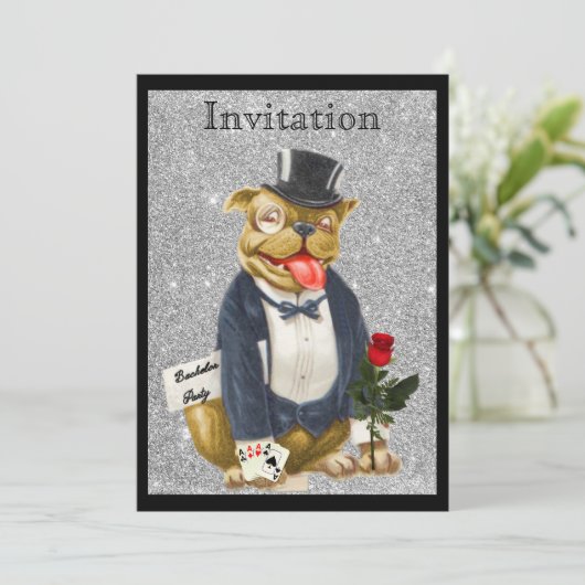 Black Silver Bachelor Party Einladung Bull Hund (Stehend Vorderseite)
