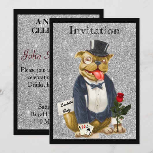 Black Silver Bachelor Party Einladung Bull Hund (Vorne/Hinten)