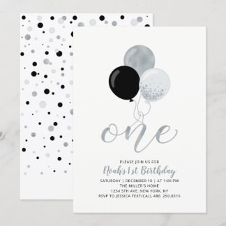 Black & Silver Balloons 1. Junge Geburtstagsparty Einladung