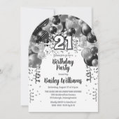 Black Silver Balloons 21. Geburtstag Party Einladung (Vorderseite)