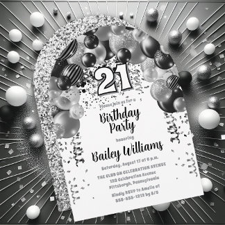 Black Silver Balloons 21. Geburtstag Party Einladung