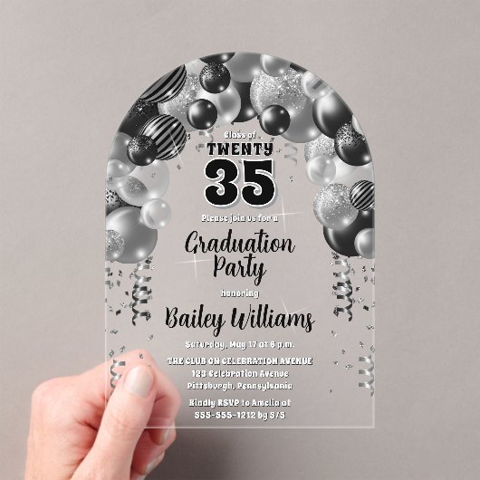 Black Silver Balloons Graduation Party Acryleinladungen (Insitu (Handheld))