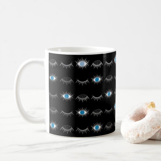 Black & Silver Blue Evil Eye Eyelashes Nazar Mati Kaffeetasse (Mit Donut)