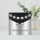 Black & Silver Bow Charm 16 . Geburtstag Einladung (Stehend Vorderseite)