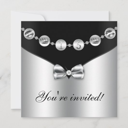 Black & Silver Bow Charm 16 . Geburtstag Einladung (Vorderseite)