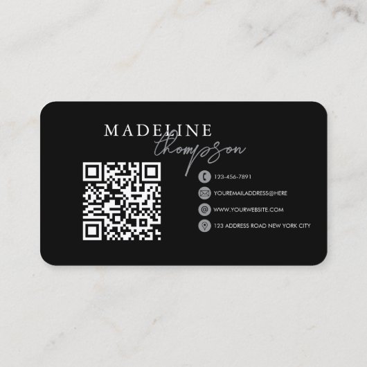 Black Silver Calligraphy Script QR-Code Visitenkarte (Rückseite)