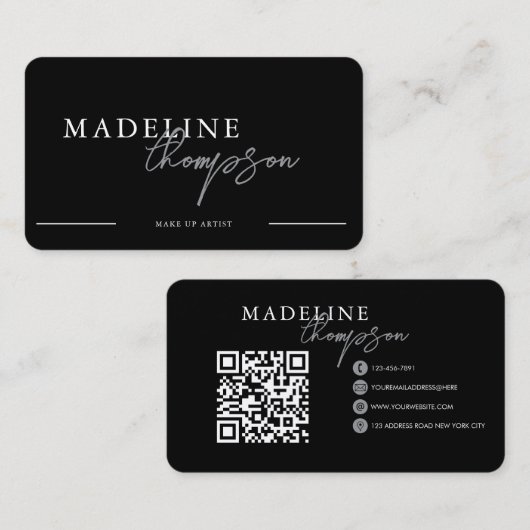 Black Silver Calligraphy Script QR-Code Visitenkarte (Vorne/Hinten)