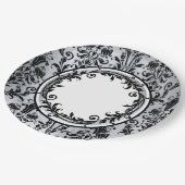 Black Silver Chic Damask Floral Wirbel personalisi Pappteller (Schrägansicht)