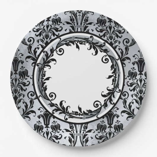 Black Silver Chic Damask Floral Wirbel personalisi Pappteller (Vorderseite)